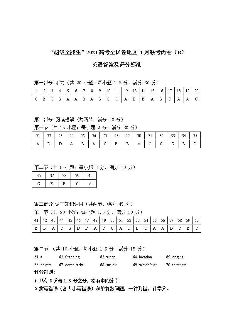 英语评分标准-“超级全能生”2021高考全国卷地区1月联考丙卷（B）第1页