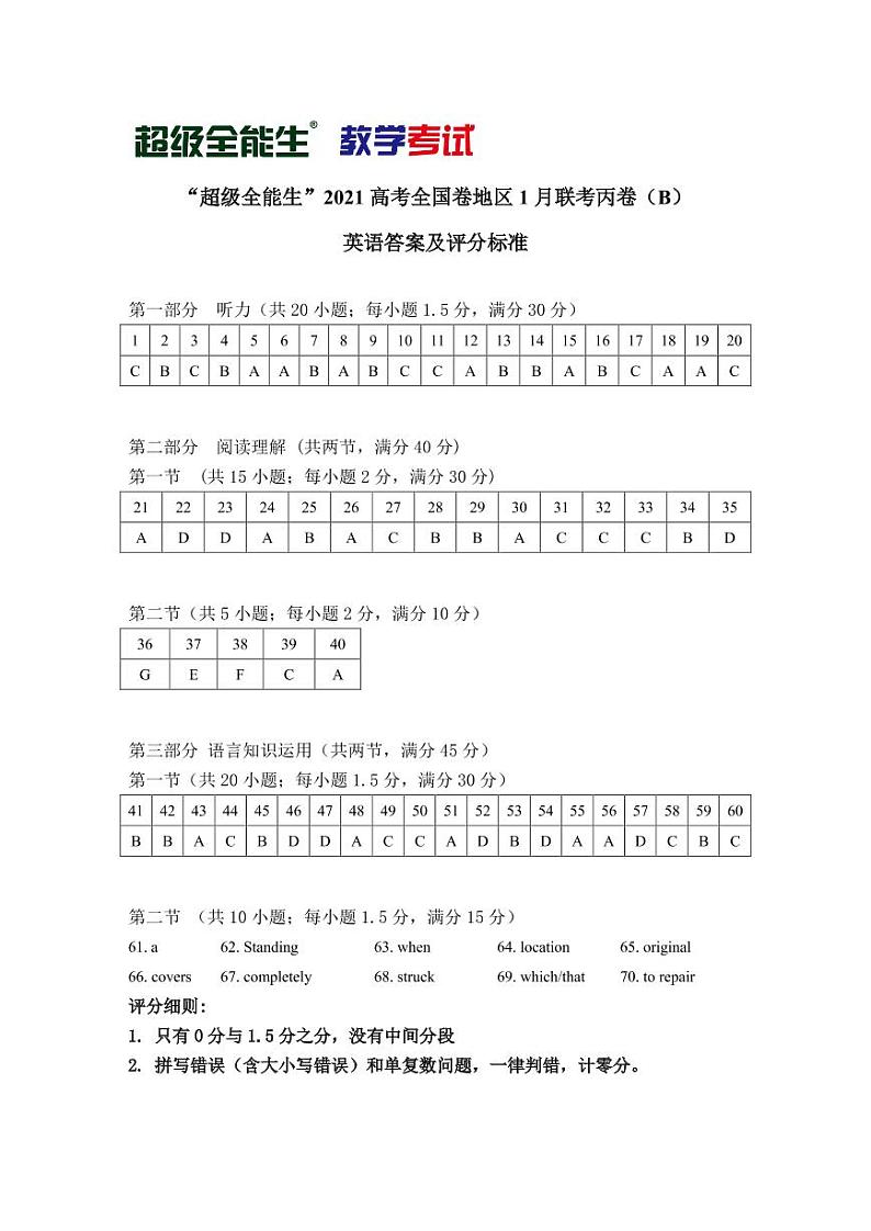 2021“超级全能生”高三全国卷地区1月联考丙卷（B）英语PDF版含解析（含听力）01