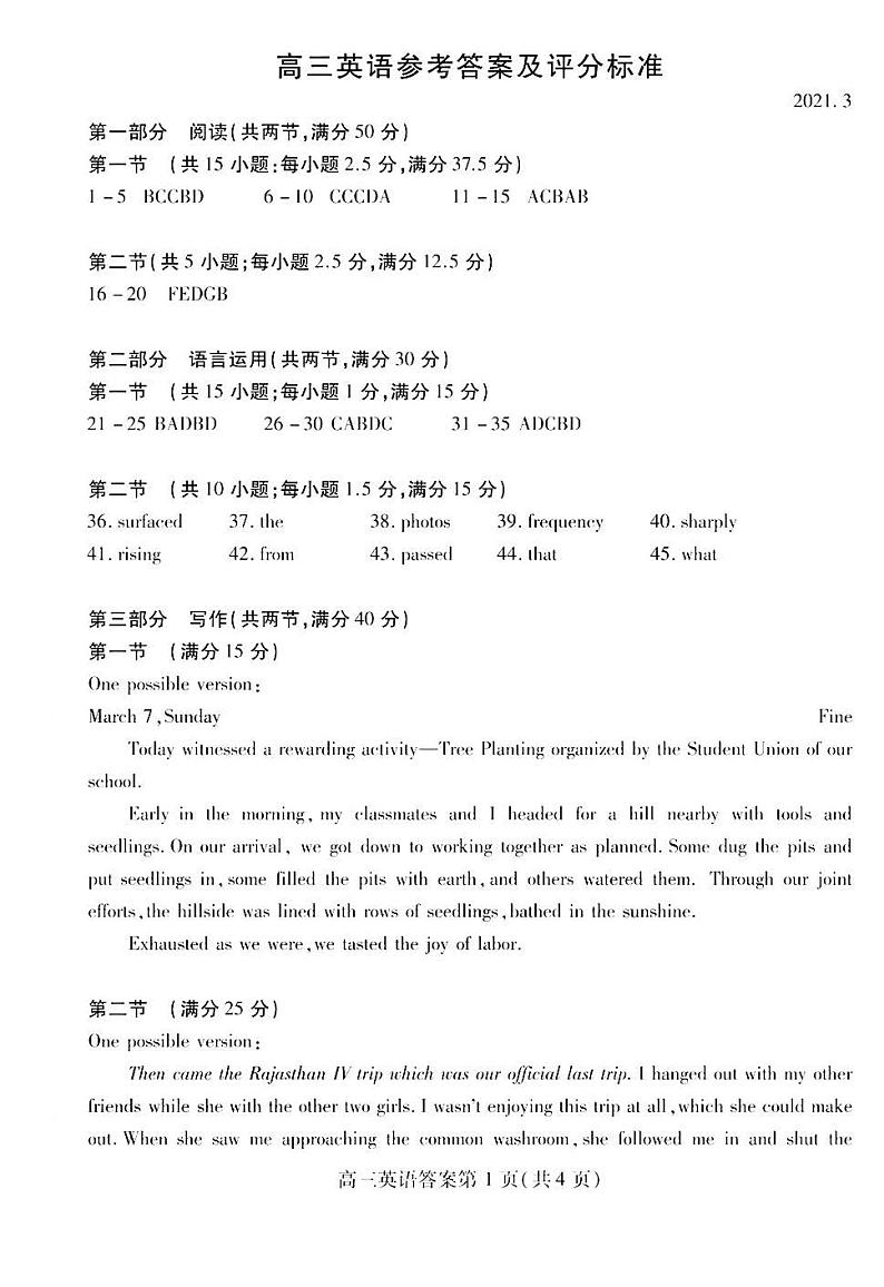 山东省潍坊市2021届高三3月高考模拟英语试题答案第1页