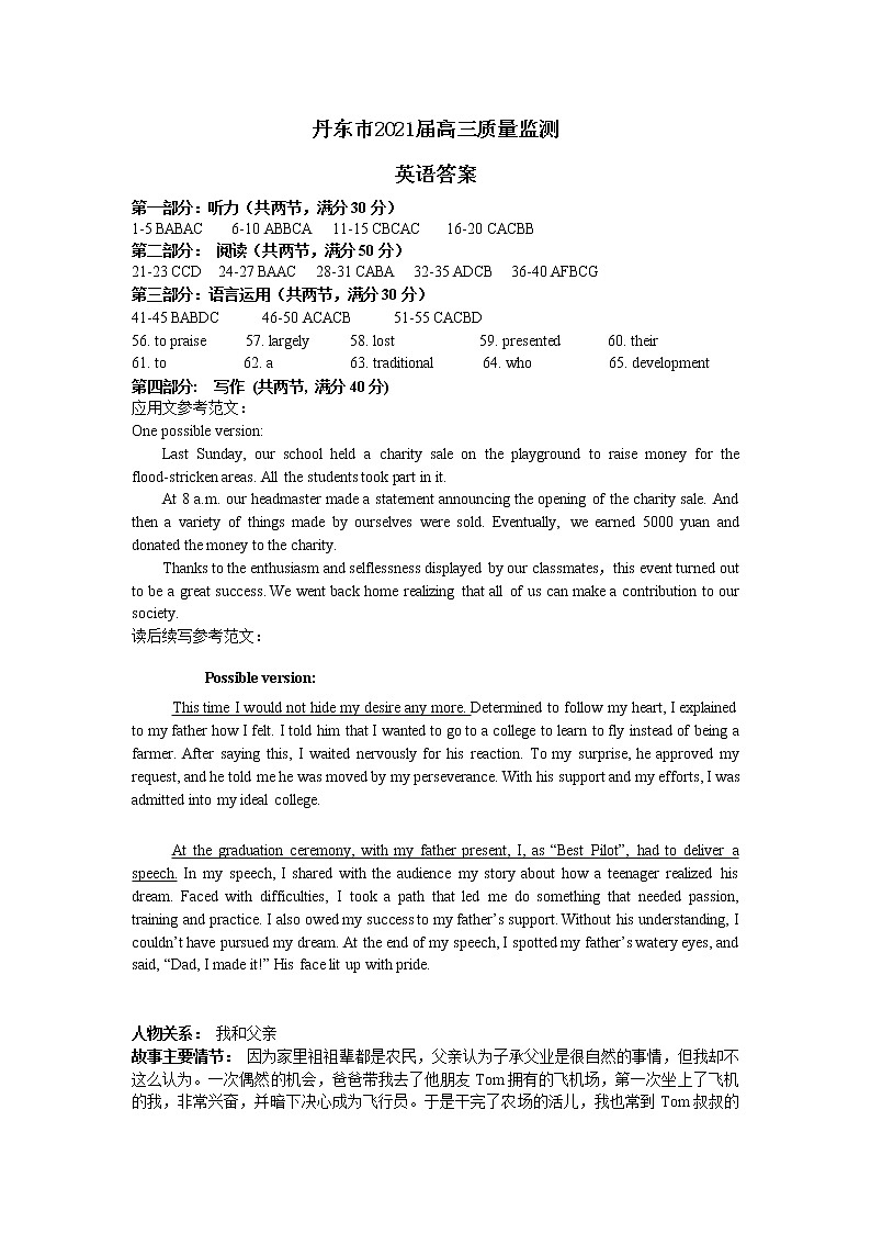 2021届高三质量检测英语试卷参考答案第1页