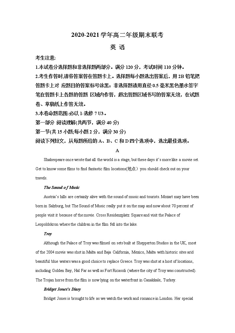 2021开封高二上学期五县联考期末英语试题含解析01