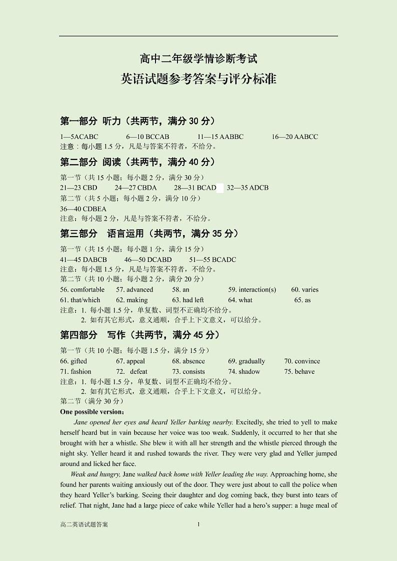 济南市2020-2021学年高二1月学情诊断英语答案（PDF版）第1页