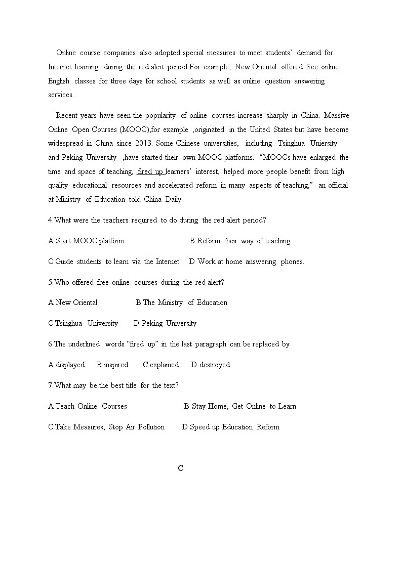 2021内蒙古集宁一中（西校区）高二上学期第二次月考英语试题含答案03