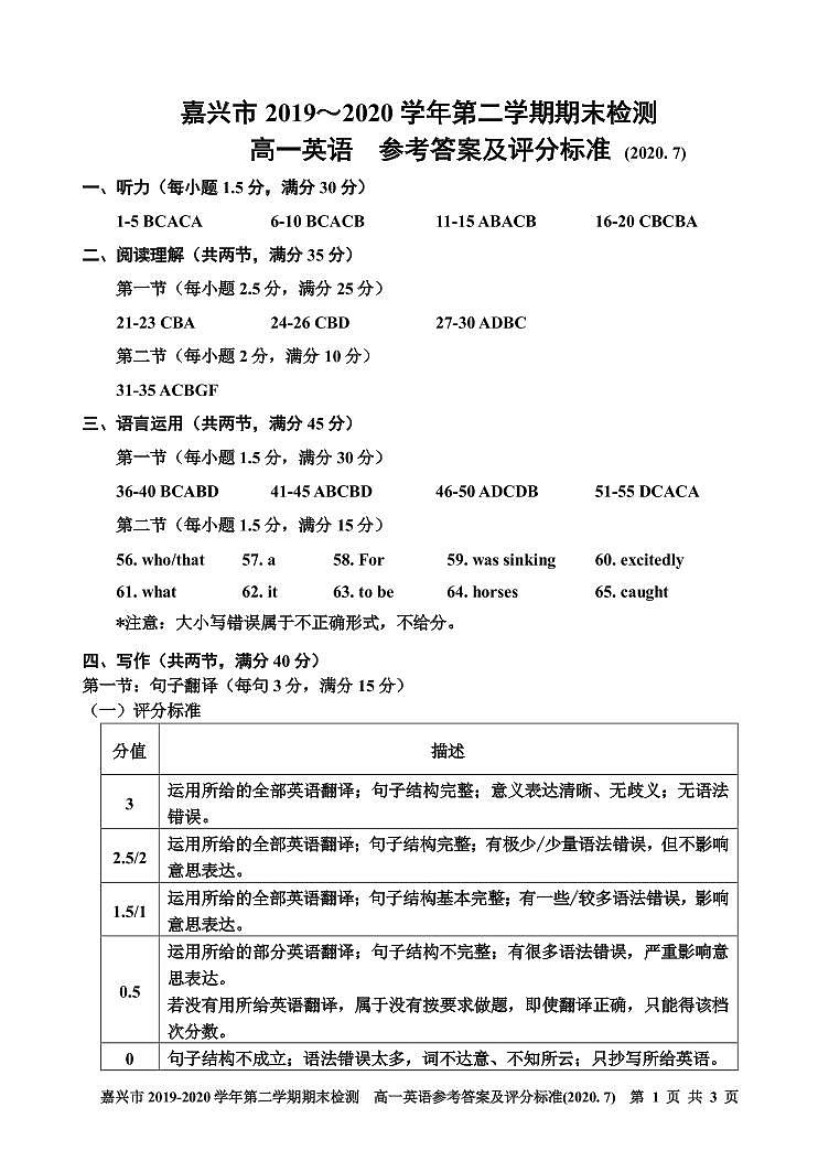 2020嘉兴高一下学期期末检测英语试题含答案01