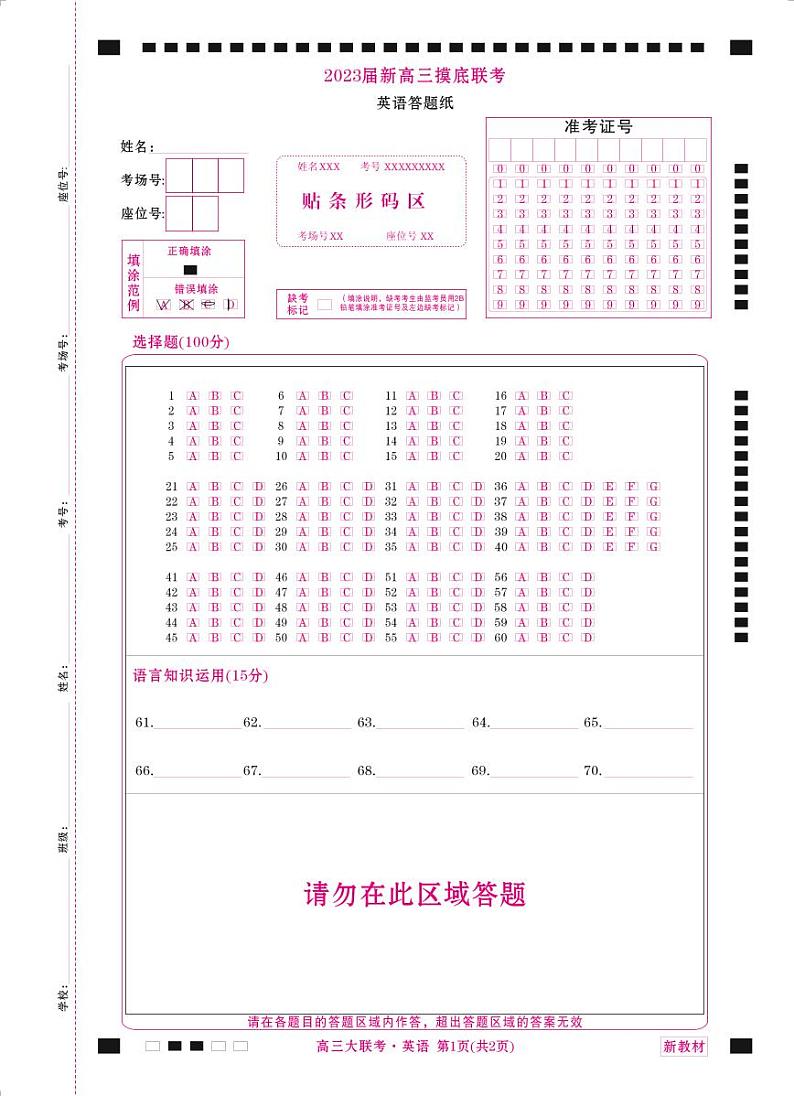 云南高三摸底联考英语网评卡第1页
