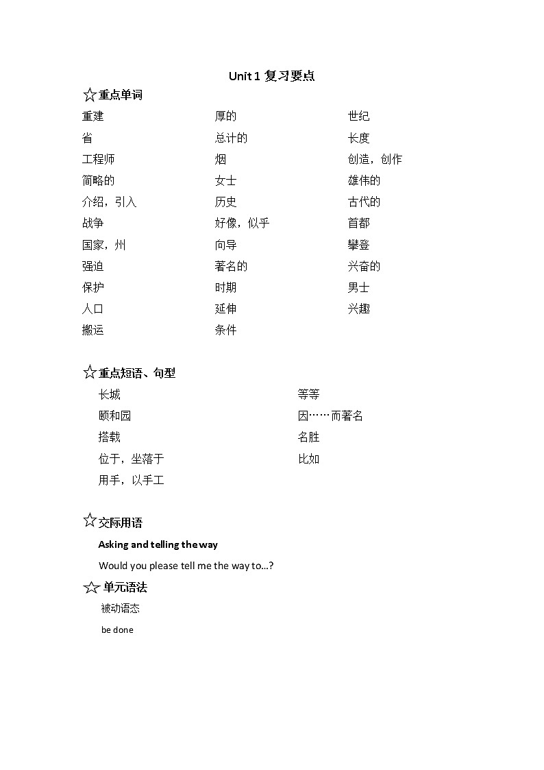 Unit 1-3复习要点-中职英语高二上学期期末（语文版）01