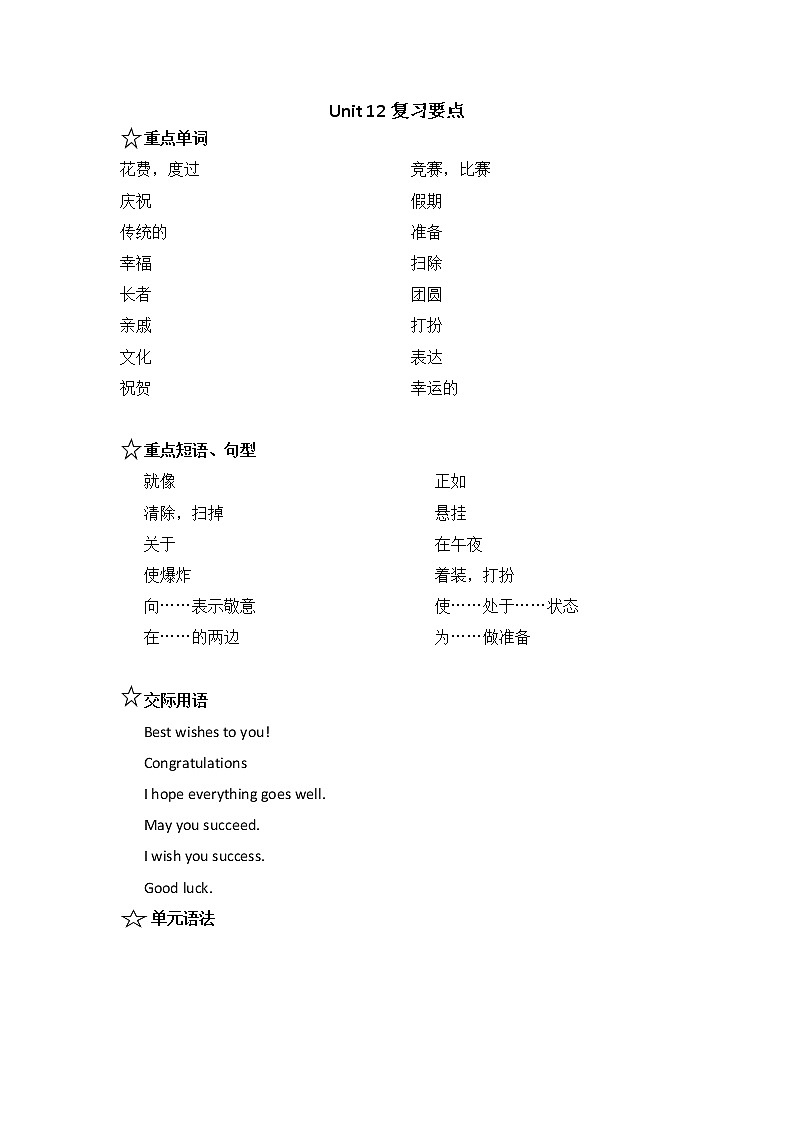 Unit 12复习要点-中职英语高一上学期期末（语文版）01