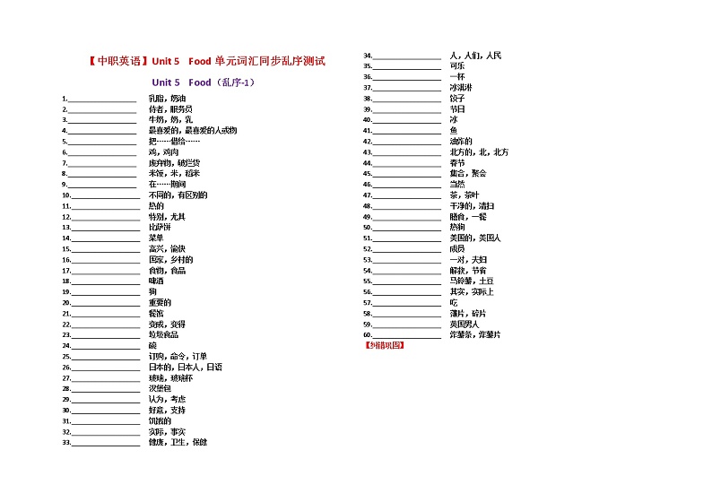Unit 5 Food 单元词汇同步测试-中职英语语文版基础模块上册01