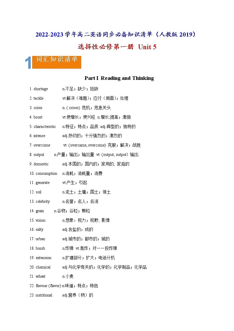 【知识清单】高二英语(人教版2019)上册 Unit 5 Working the land-同步必备知识清单.第1页