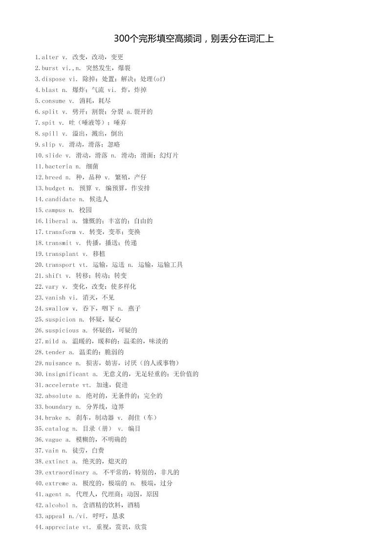 武汉市2022高考英语复习300个完形填空高频词01