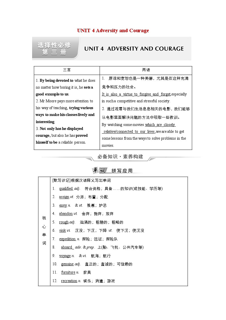 (新高考)高考英语一轮复习教案选择性必修三 Unit 4 Adversity and Courage(含答案)01