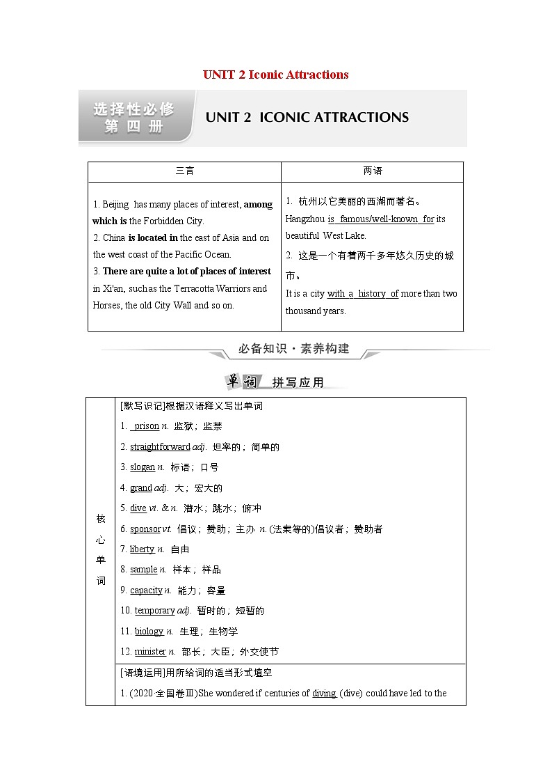 (新高考)高考英语一轮复习教案选择性必修四 Unit 2 Iconic Attractions(含答案)01