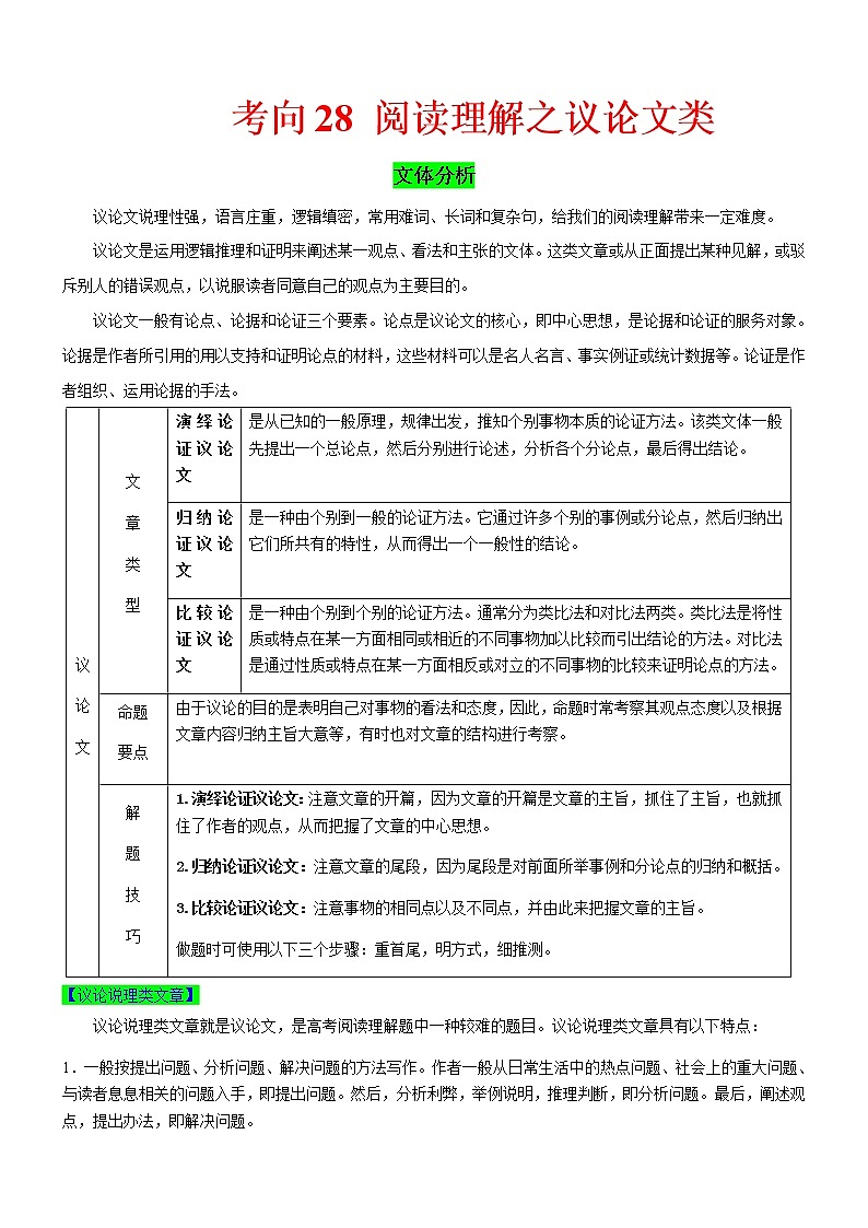 (新高考)高考英语二轮复习课时精炼考向28 阅读理解之议论文类(原卷版)第1页
