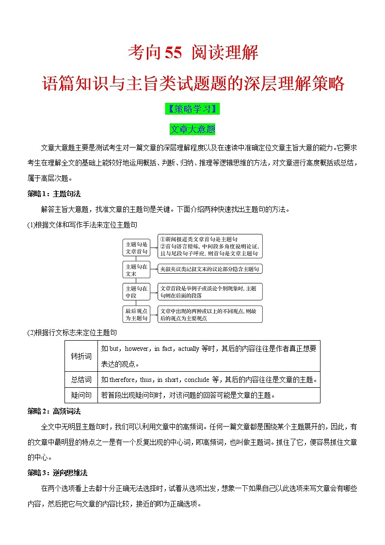 (新高考)高考英语二轮复习课时精炼考向55 阅读理解之语篇知识与主旨类试题题的深层理解策略(原卷版)第1页