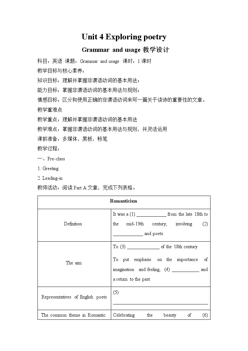 Unit 4 Exploring poetry Section B Grammar and usage （教案）—2022-2023学年高二英语译林版(2020)选择性必修第一册01
