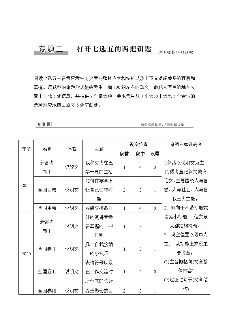 (新高考)高考英语二轮提分秘籍专题二：七选五第一讲 从外在线索入手——先做送分题，缩小选项范围 (含详解)第1页