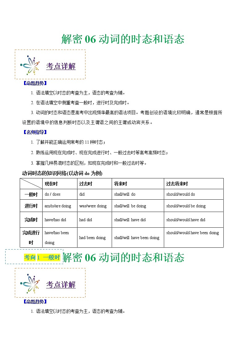 (新高考)高考英语二轮复习讲义+分层训练解密06《动词的时态和语态》（学生版）第1页