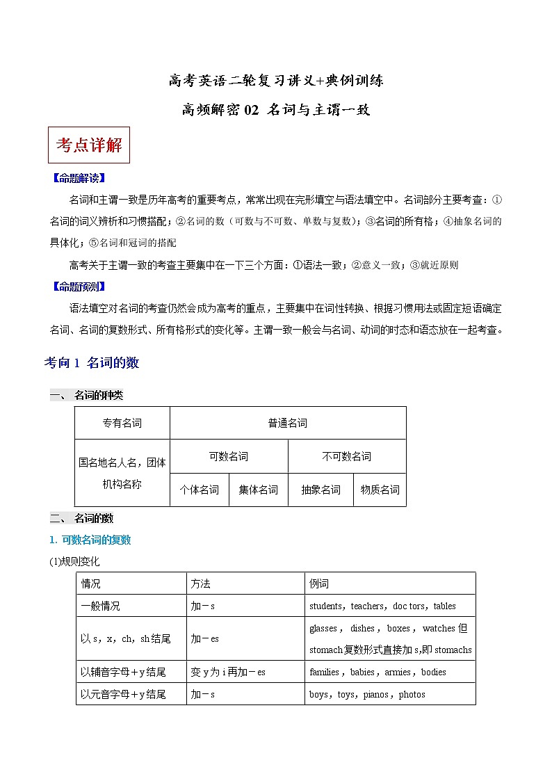 (新高考)高考英语二轮复习讲义+典例训练高频解密02 名词和主谓一致（原卷版）第1页