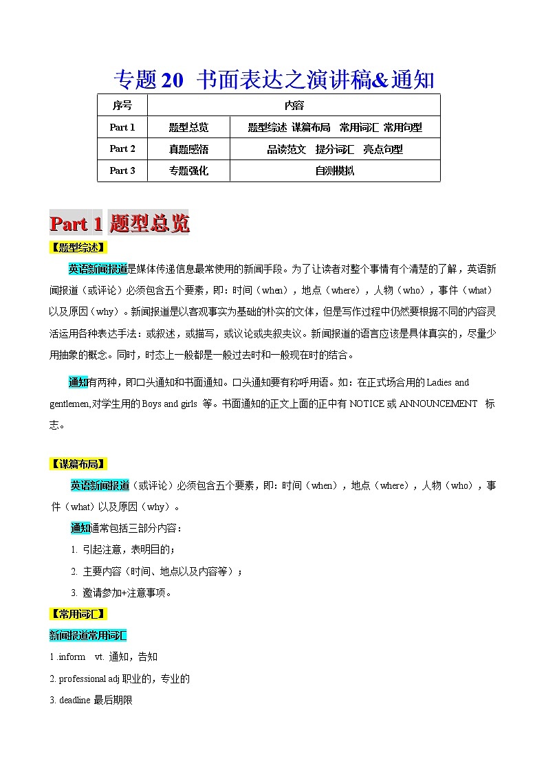 高考英语二轮复习题型专题20 书面表达之演讲稿&通知（原卷版）第1页