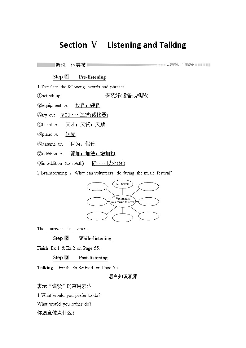 Unit 5 Music Section Ⅴ Listening and Talking教案第1页