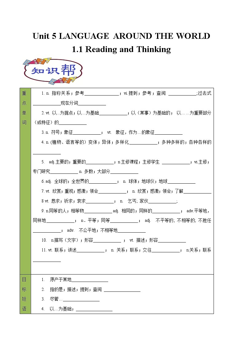 Unit 5 Languages around the world  5.1教学设计01