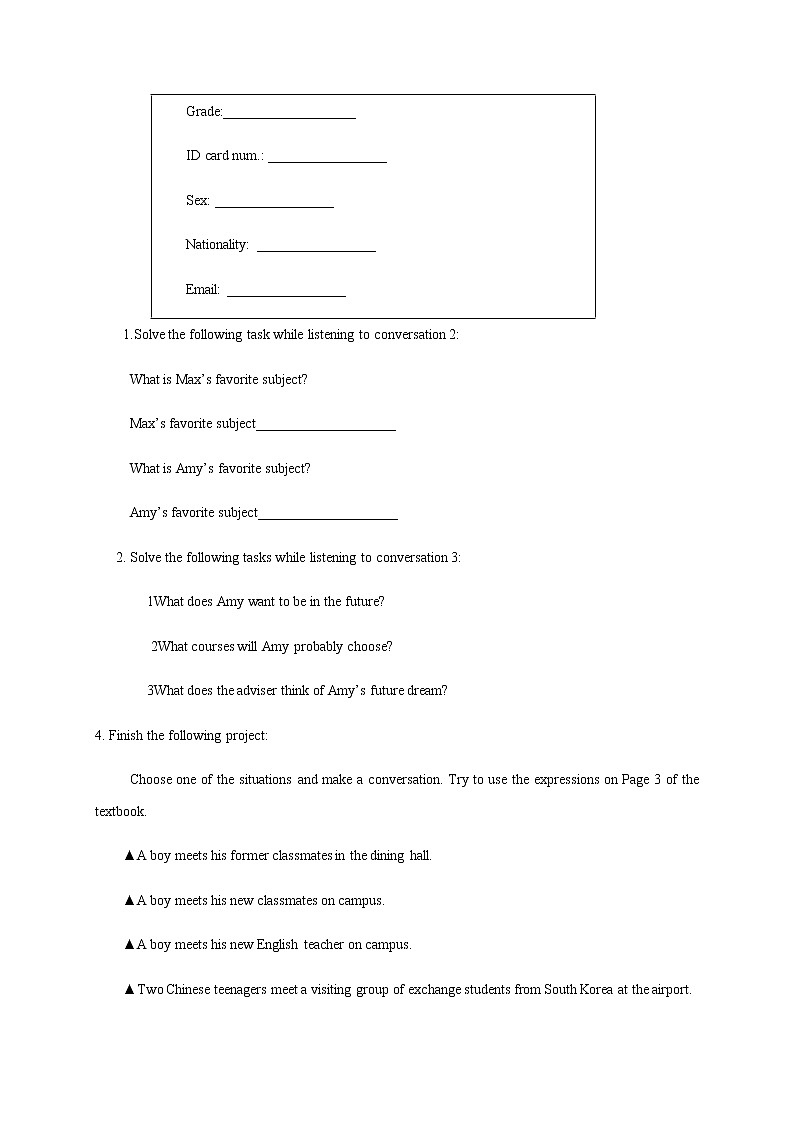高中英语必修一   Welcome unit Period 1 Listening&Speaking&Talking 导学案03