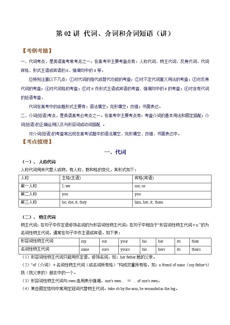 【备战2023高考】英语全复习——第02讲《代词、介词和介词短语》讲义（全国通用）01