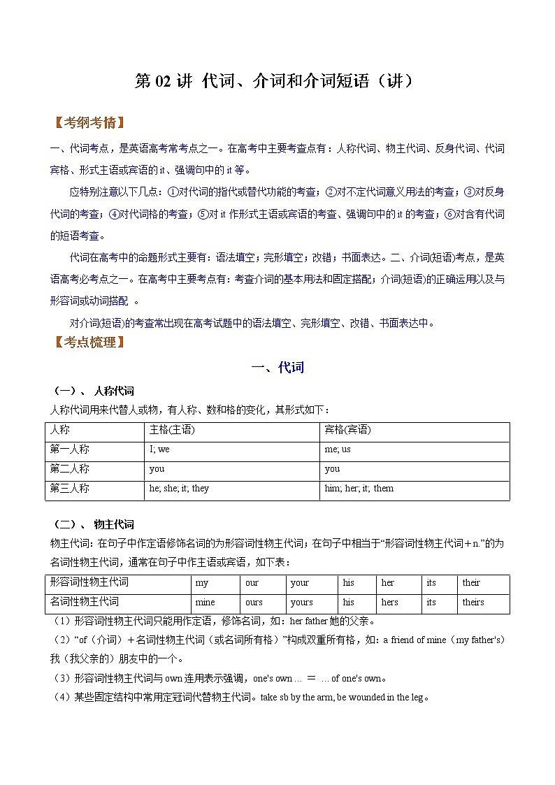 【备战2023高考】英语全复习——第02讲《代词、介词和介词短语》讲义（全国通用）01