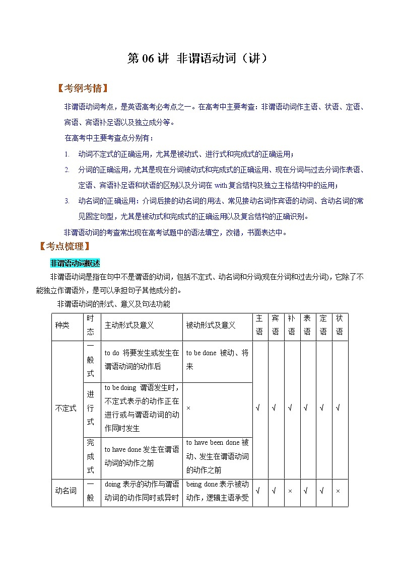【备战2023高考】英语全复习——第06讲《非谓语动词》讲义（全国通用）01