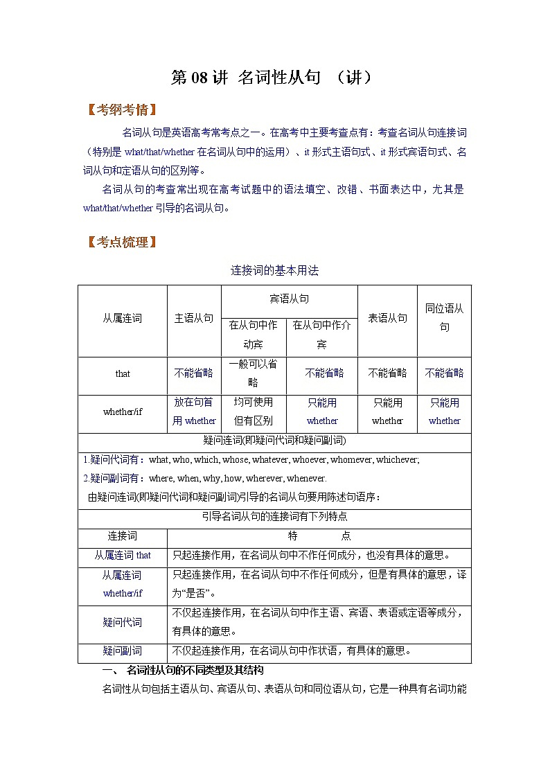 【备战2023高考】英语全复习——第08讲《名词性从句》讲义（全国通用）（教案）第1页