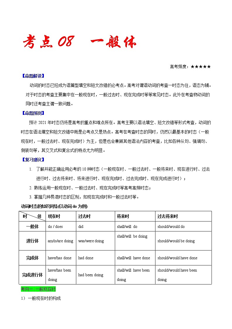高考英语二轮复习考点练习考点08一般体 (含解析)第1页