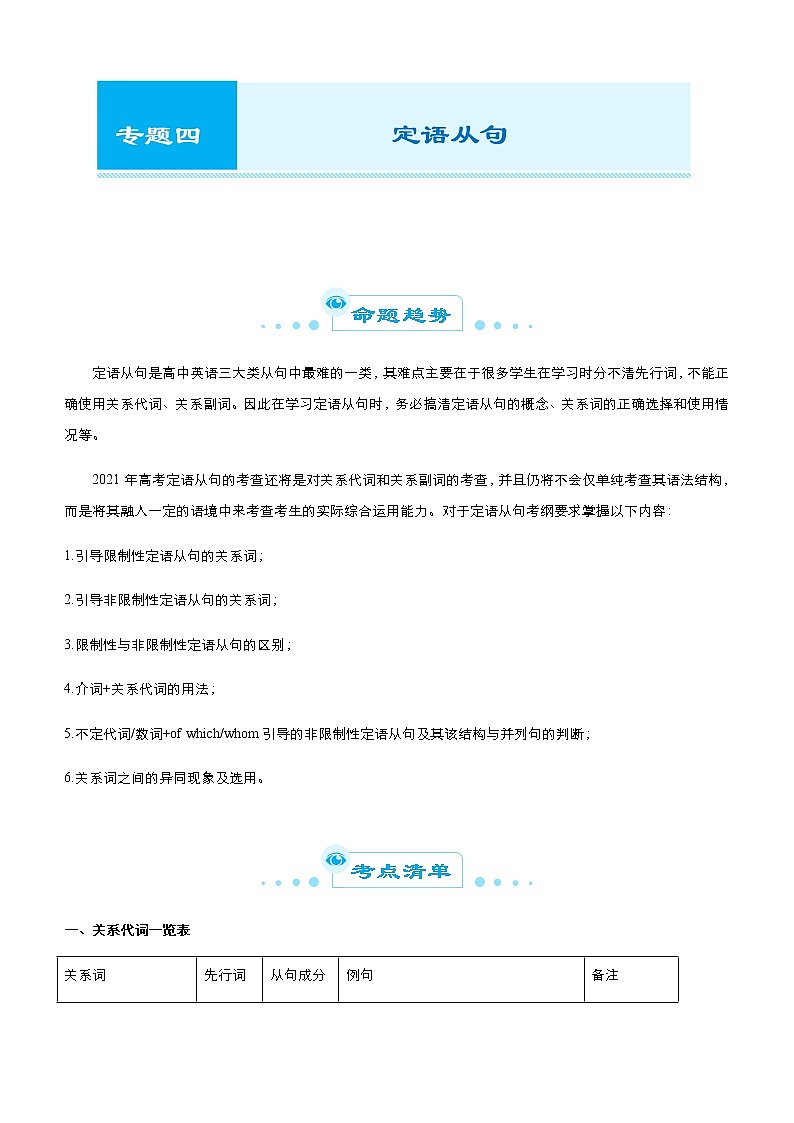 高考英语二轮精品专题四 定语从句（原卷版）第1页