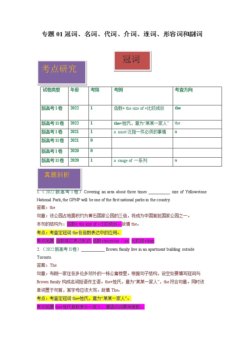 2020-2022年新高考英语真题汇编专题01冠词名词代词介词连词形容词和副词（Word版附解析）第1页
