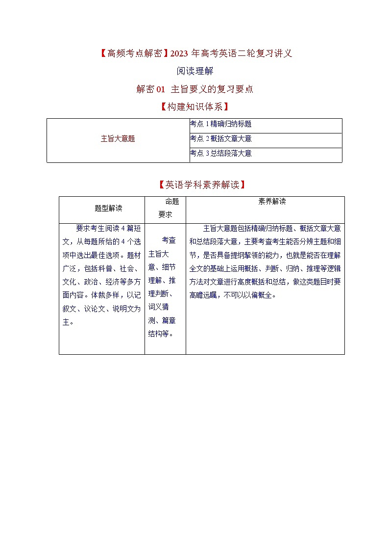 2023年高考英语二轮复习教案（新高考专用）阅读理解01主旨要义（Word版附解析）01