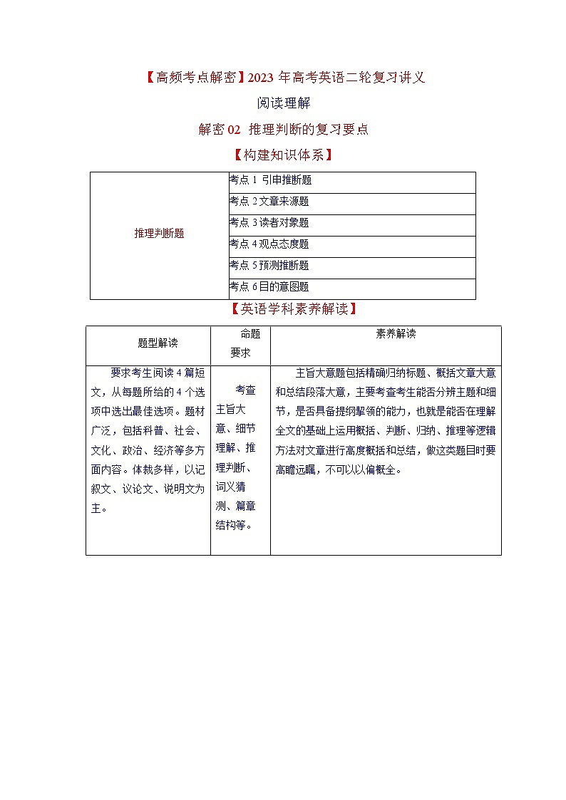 2023年高考英语二轮复习教案（新高考专用）阅读理解02推理判断（Word版附解析）01