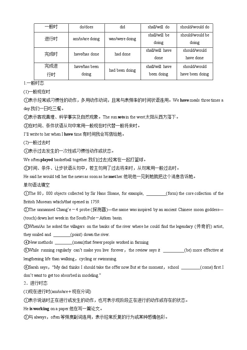 【寒假自学】2023年人教版(2019)高二英语（选择性必修第一--三册）-第16讲 语法过关一（谓语动词及非谓语动词） 寒假精品讲学案02