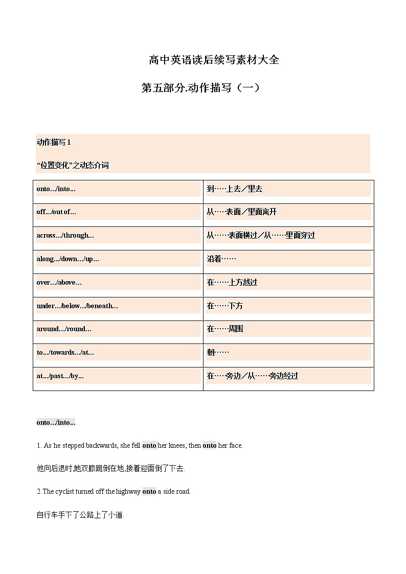 2023届高考英语二轮复习读后续写动作描写1学案01