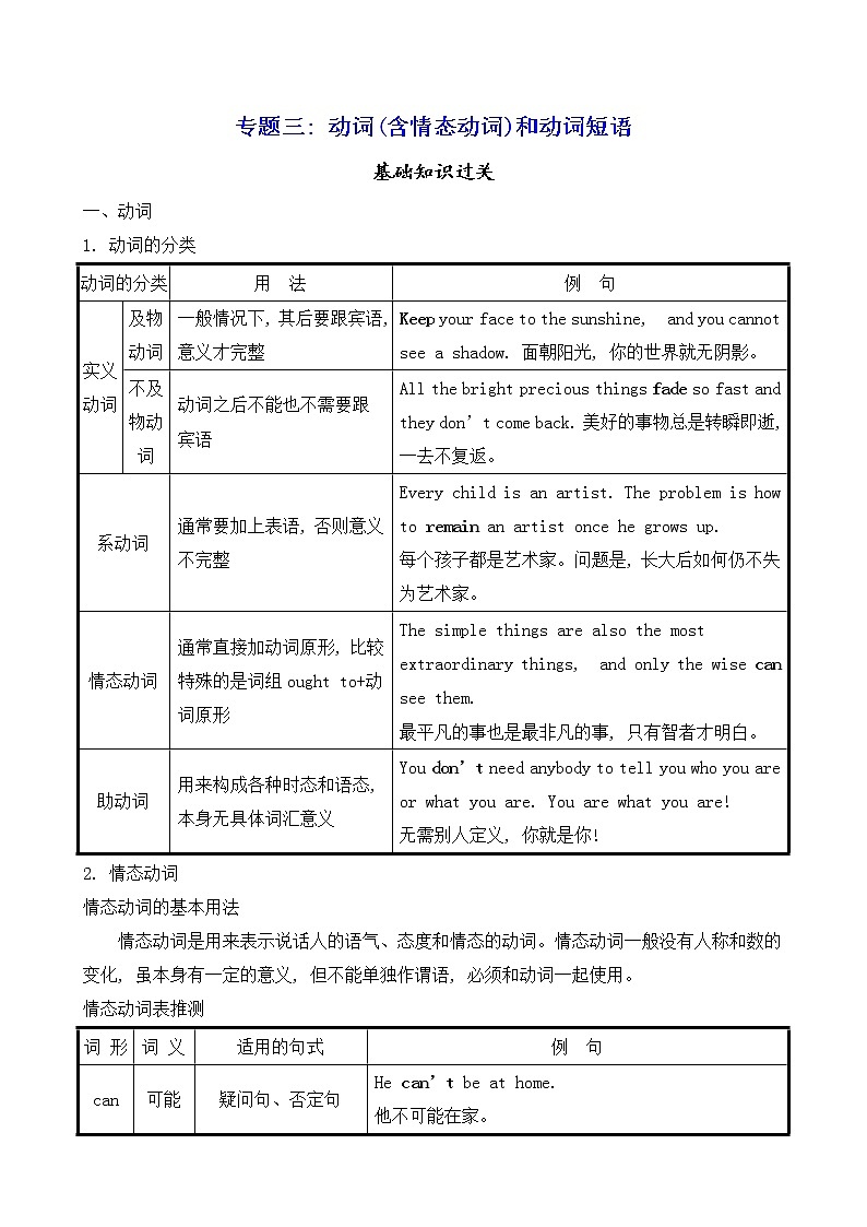 2023届高考英语二轮复习动词(含情态动词)和动词短语学案01