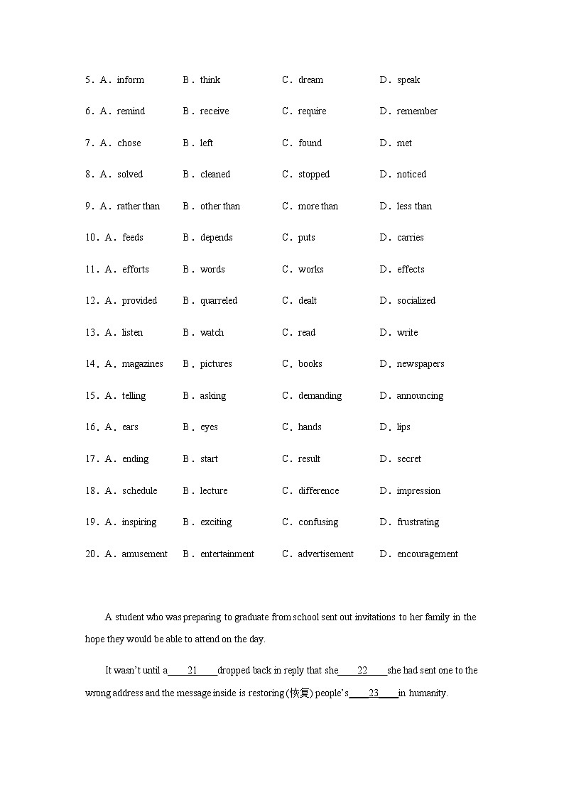 2023届高考英语二轮复习广西高考英语完形填空专项训练作业含答案02