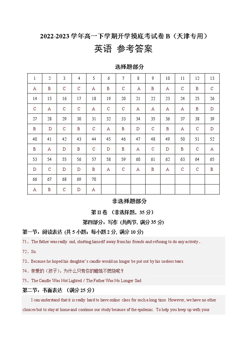 英语-2022-2023学年高一下学期开学摸底考试卷B（天津专用）（参考答案）第1页
