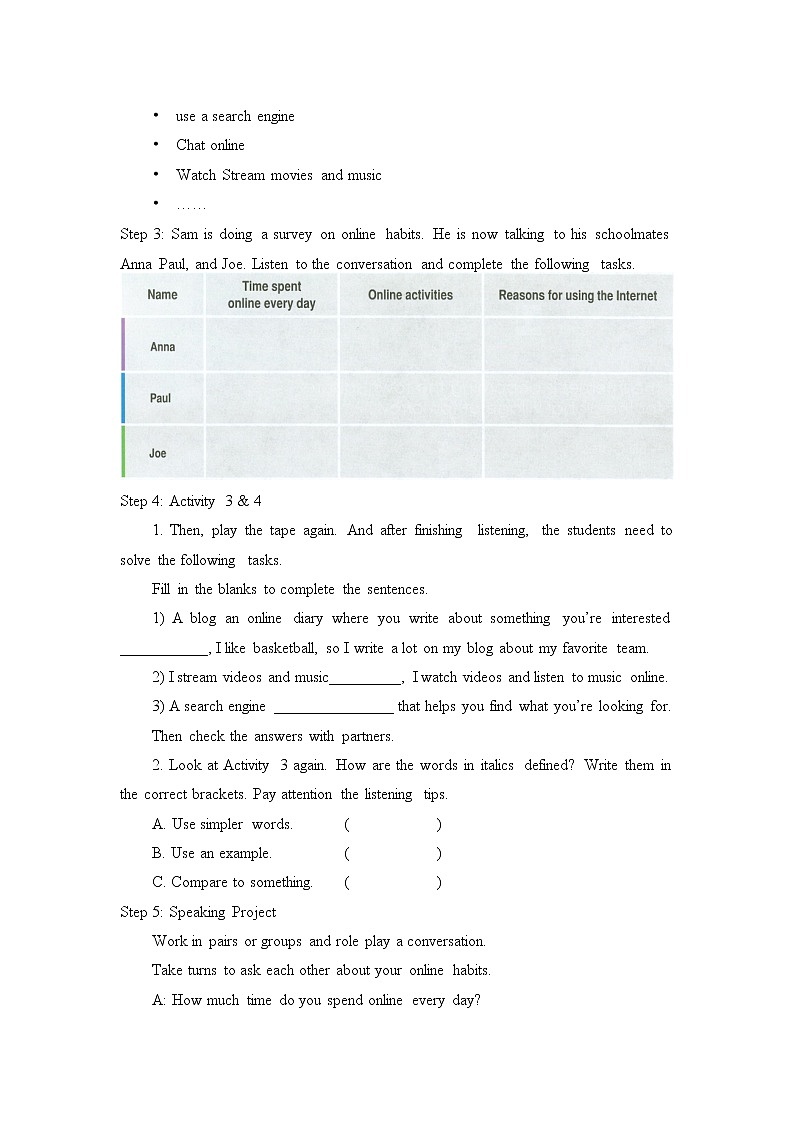 人教版（2019）英语必修第二册Unit 3 The Internet-Listening and Speaking & Listening and Talking教案02