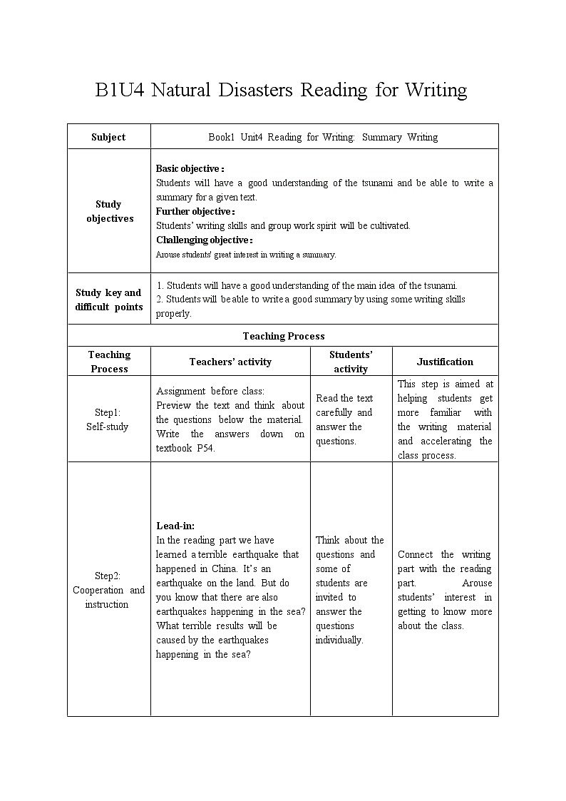 人教版（2019）高一英语必修一精品教学设计：Unit4 Natural Disasters Reading for Writing 教案-01