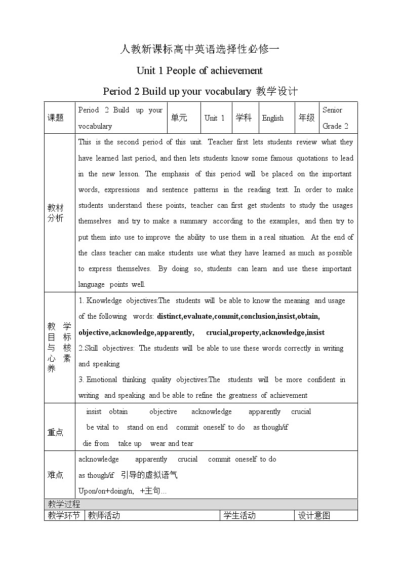 人教版 2019 高中选择性必修1英语 Unit1 People of achievement Period 2 Build up your vocabulary 教案第1页
