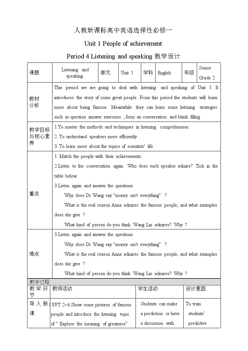 人教版 2019 高中选择性必修1英语 Unit1 People of achievement Period 4 Listening and Speaking 教案第1页