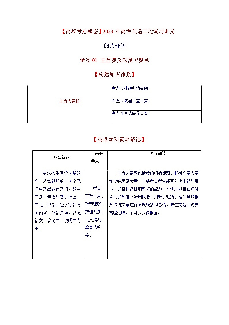 2023年高考英语二轮复习讲义（新高考专用）阅读理解01主旨要义含解析第1页