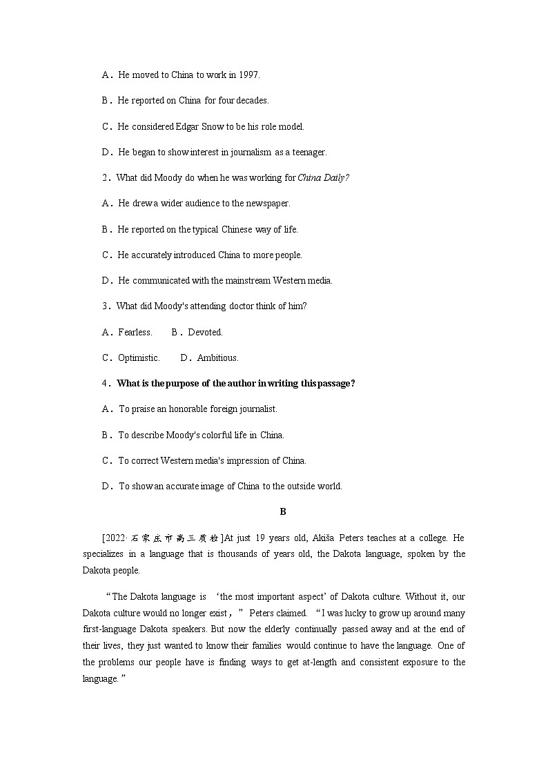 2023届统考版高考英语二轮专项分层特训阅读理解保分练(四)推理判断题——写作意图类、文章出处类含答案第2页