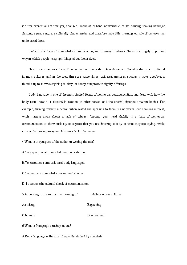 Unit 4 Body language（能力提升）-2020-2021学年高二英语单元测试定心卷（人教版2019选择性必修第一册）（原卷版）第3页