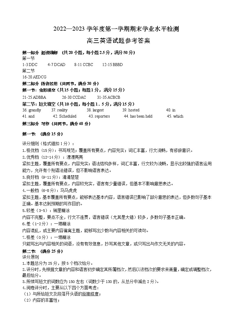 山东省某重点校2022-2023学年高三上学期期末考试英语答案第1页