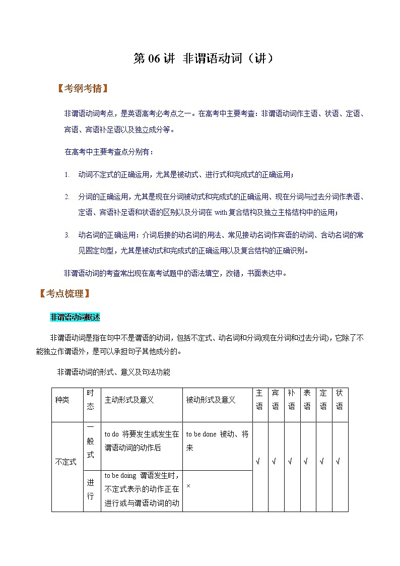 第06讲非谓语动词（讲）-2023年高考英语二轮复习（全国通用）（教师版）第1页