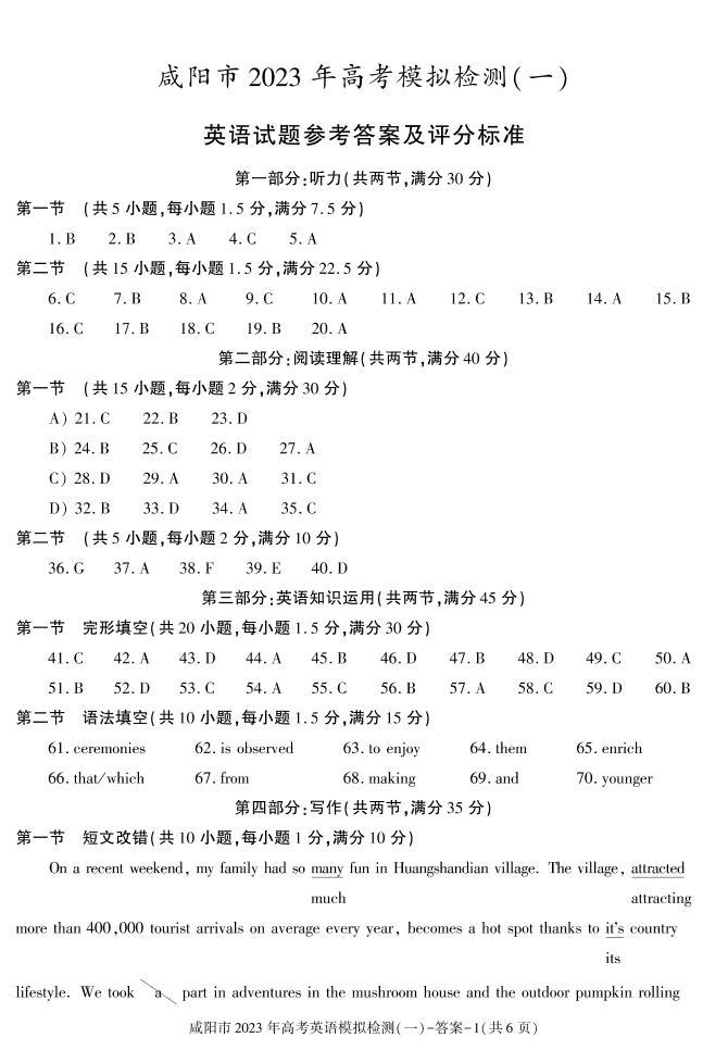 陕西省咸阳市2023年高考模拟检测一（咸阳一模） 英语试题及答案（含听力）01